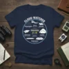 Cloud Watcher Types Chart T-Shirt featuring a circular diagram of various cloud formations like Cirrus, Cumulus, and Cumulonimbus