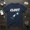 Navy t-shirt with the word CLOUT in white, and a cartoon rocket launching with a starburst graphic