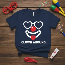 Navy blue t-shirt with white text "CLOWN AROUND" and a cartoon clown face graphic with heart-shaped glasses and a red
