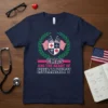 CMAS Are The Heart Of Humanity text with medical crest, American flags, and laurel wreath on a navy blue t-shirt