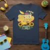 C'mon GET Hoppy t-shirt design with retro boombox, sunflowers, and birds, featuring yellow and red typography
