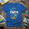 CMYK Design t-shirt with colorful ink splatters and a printer graphic, featuring the letters C CMYK