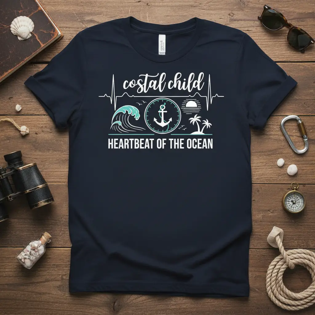 Coastal Child Heartbeat of the Ocean design featuring waves, anchor, and palm trees on a t-shirt