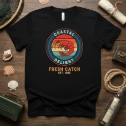 Coastal Delight Fresh Catch Est. 1982 t-shirt design featuring a retro shrimp graphic and vintage sunset stripes