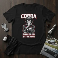 Cobra Powered By Venom T-Shirt with a coiled cobra and piston design in red and white text