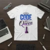 White t-shirt with "CODE LIKE A Queen" text and a purple queen chess piece graphic, for programmers and tech enthusiasts