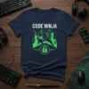 Code Ninja t-shirt design featuring a ninja silhouette, city skyline, and a digital lock graphic, perfect for programmers