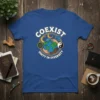 Coexist Unity in Diversity t-shirt with hands holding the Earth and symbols like peace, Star of David, yin yang, and