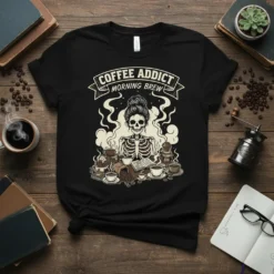 Coffee Addict Morning Brew text with skeleton drinking coffee, on black t-shirt