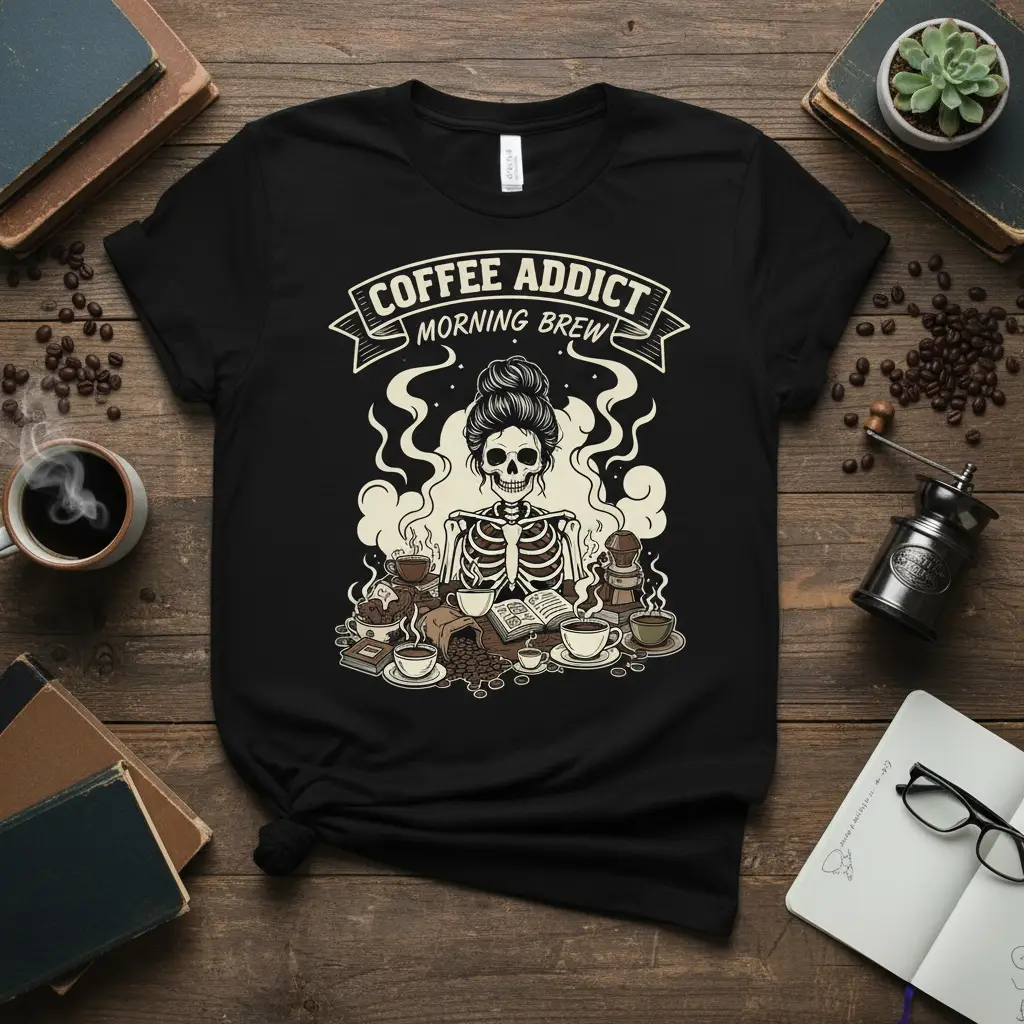 Coffee Addict Morning Brew Skeleton T-Shirt Funny Gift