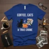 Coffee, Cats & True Crime text design with a black cat, coffee cup, magnifying glass, and newspaper clipping