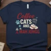 Coffee CATS AND MAH JONGG t-shirt design with paw print, coffee cup, and mahjong tiles