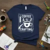 Coffee & Crafting t-shirt design with a coffee cup, pencil, and thread spool