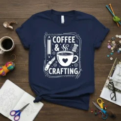 Coffee & Crafting t-shirt design with a coffee cup, pencil, and thread spool