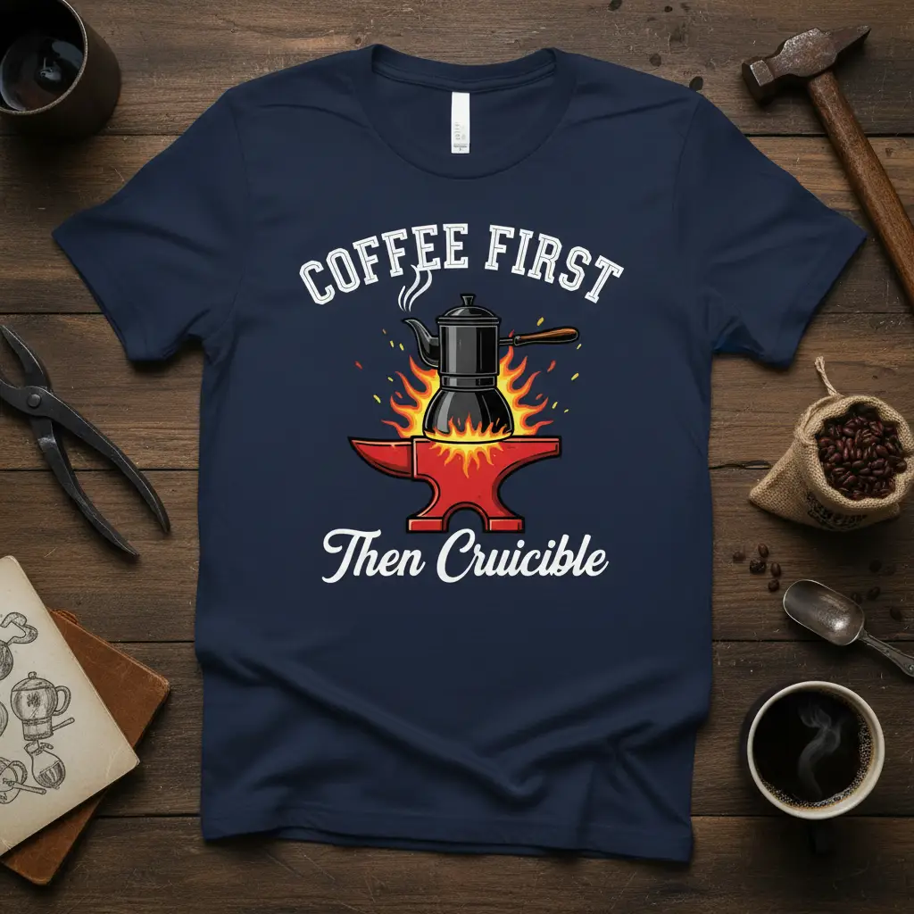 Coffee First Then Cruicible quote on a t-shirt with a coffee pot over an anvil graphic