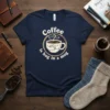 Coffee is hug in a mug text with a graphic of a coffee cup held by embracing hands on a