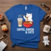 Cute white cat eating kimchi with chopsticks next to a coffee cup, text reads "COFFEE, KIMCHI & CATS"
