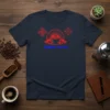 Coffee Lover t-shirt design with steaming coffee cup graphic and red sun rays