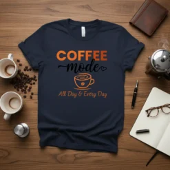 COFFEE mode All Day & Every Day text with coffee cup graphic on navy t-shirt