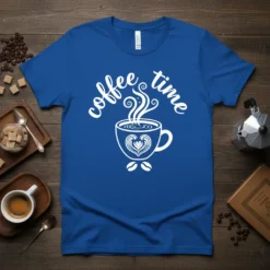 Blue t-shirt with white "coffee time" text and a steaming coffee cup graphic, featuring latte art heart and coffee beans