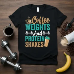 Coffee Weights And Protein Shakes t-shirt design with coffee cup, dumbbells, and protein shaker graphic