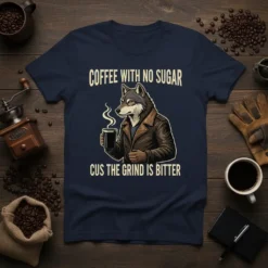 T-shirt design with text "Coffee With No Sugar Cus The Grind Is Bitter" and a wolf character holding a coffee