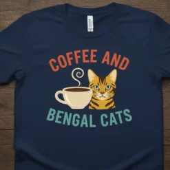Coffee and Bengal Cats text with a cute Bengal cat and coffee cup graphic on a navy t-shirt