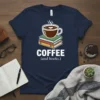 Coffee and Books text design with a steaming cup of coffee on stacked books