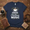 Coffee and Christmas Music text design with a steaming coffee cup, musical notes, and festive holly accents