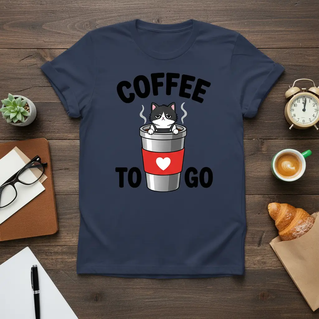 Funny Coffee To Go t-shirt design featuring a grumpy cat in a coffee cup, perfect for caffeine lovers