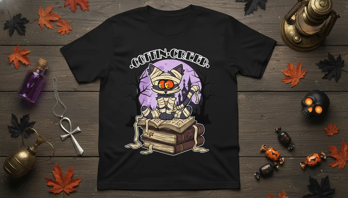 Coffin Creed mummy cat design with vintage Halloween theme and spooky moon backdrop on black tee