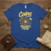 Coins of the Past Treasures of the Future t-shirt design with compass, coins, scroll, and book graphics