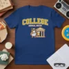 College Animal House t-shirt design with a bulldog in a toga holding a beer mug, standing in front of a