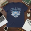 College campus graphic with "COLLEGE" text, graduation caps, diplomas, and books on a navy blue t-shirt