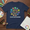 T-shirt with "COLOR CODED HARMONY" text and a colorful concentric circle design