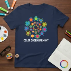 T-shirt with "COLOR CODED HARMONY" text and a colorful concentric circle design