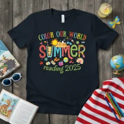 T-shirt with "COLOR OUR WORLD SUMMER reading 2025" text and vibrant summer graphics including sun, beach, and books