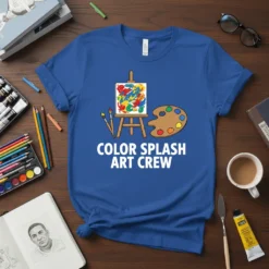 Color Splash Art Crew text on a blue t-shirt with an easel, palette, and brushes graphic
