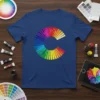 Graphic t-shirt featuring a circular color wheel design that forms a 'C' shape, symbolizing creativity and artistry