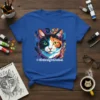 Colorful abstract cat face graphic t-shirt design with geometric patterns and distinct eye colors
