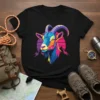 Colorful abstract goat head with retro sunset and mountains graphic on a black t-shirt
