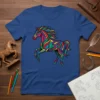 Colorful abstract horse graphic with swirling patterns and vibrant hues on a blue t-shirt