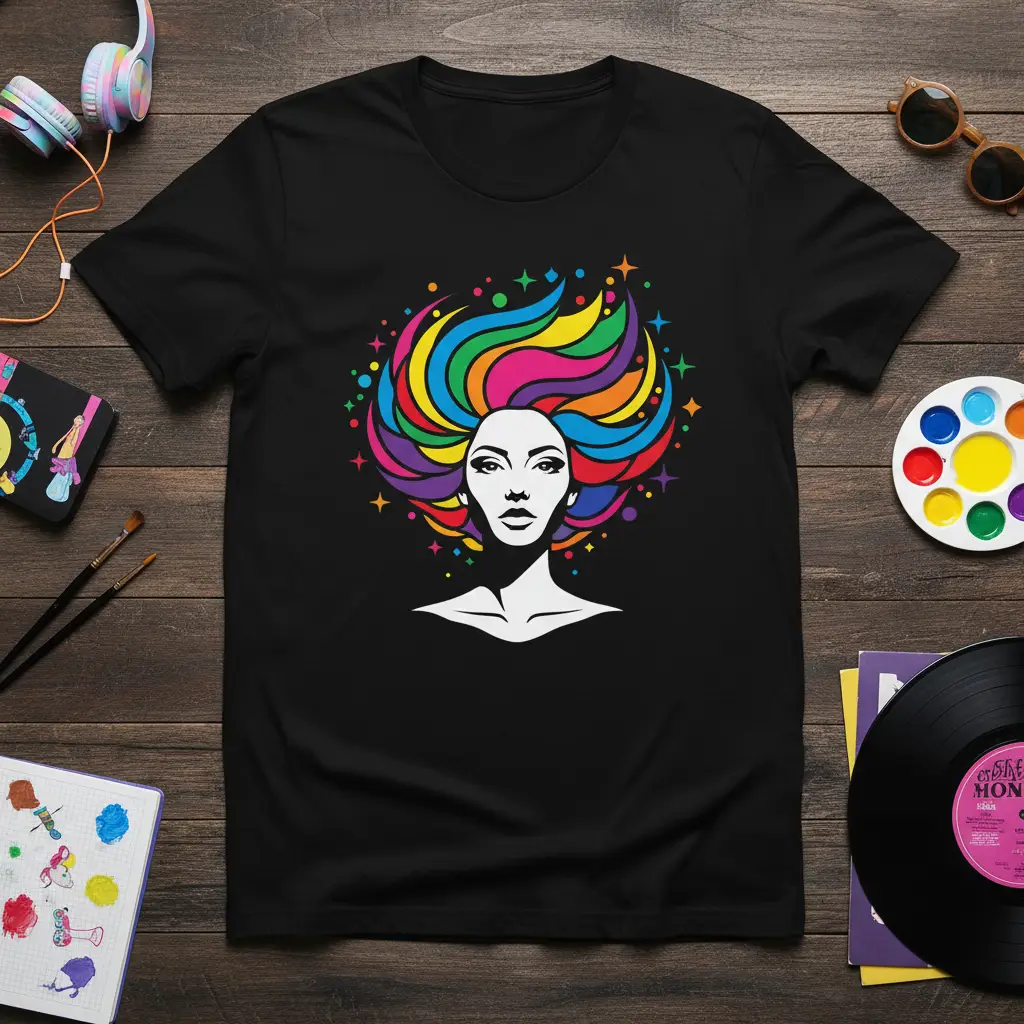 Colorful Afro Woman eye-catching design printed on durable material creating a standout t-shirt