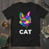 Colorful Cat Portrait T-Shirt with vibrant abstract feline art design and the word CAT