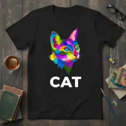 Colorful Cat Portrait T-Shirt with vibrant abstract feline art design and the word CAT