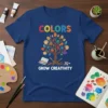 Colors Grow Creativity t-shirt design with a colorful tree of art supplies and paint palettes