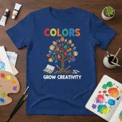 Colors Grow Creativity t-shirt design with a colorful tree of art supplies and paint palettes