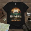 T-shirt design featuring "COLUMBIANA OHIO IT'S WHERE MY STORY BEGAN" text with an Ohio state outline graphic and vintage sunset