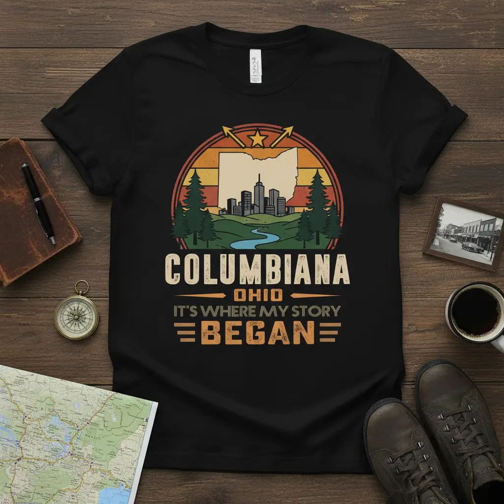 Columbiana Ohio It's Where My Story Began t-shirt design with state outline and vintage sunset graphic