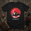 Colunga Art t-shirt design featuring a red circular graphic with mountains, moon, stars, and water, with "COLUNGA ART" text below
